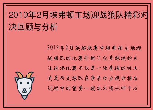 2019年2月埃弗顿主场迎战狼队精彩对决回顾与分析